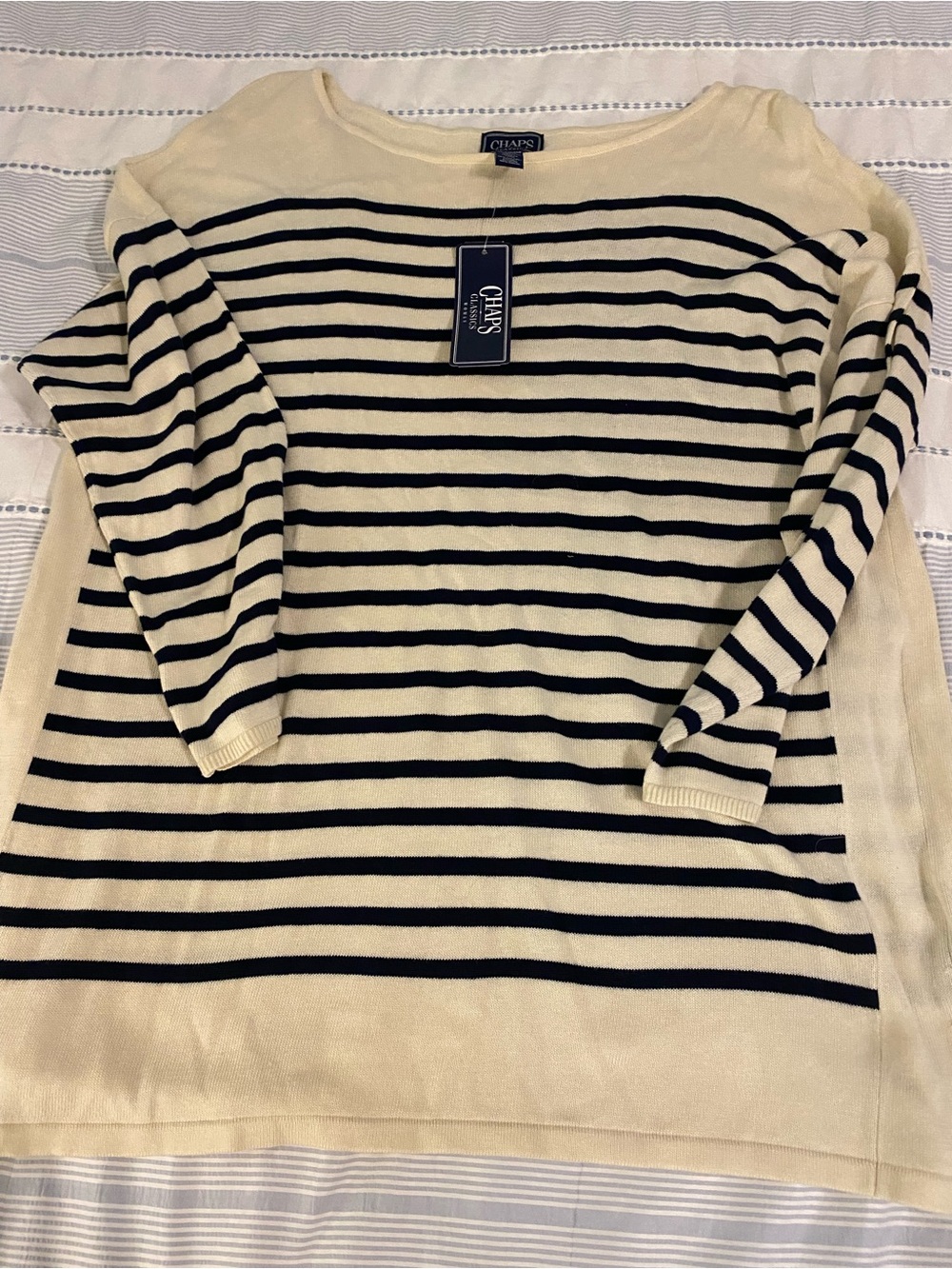 Chaps Cream and Black Striped Boatneck Sweater